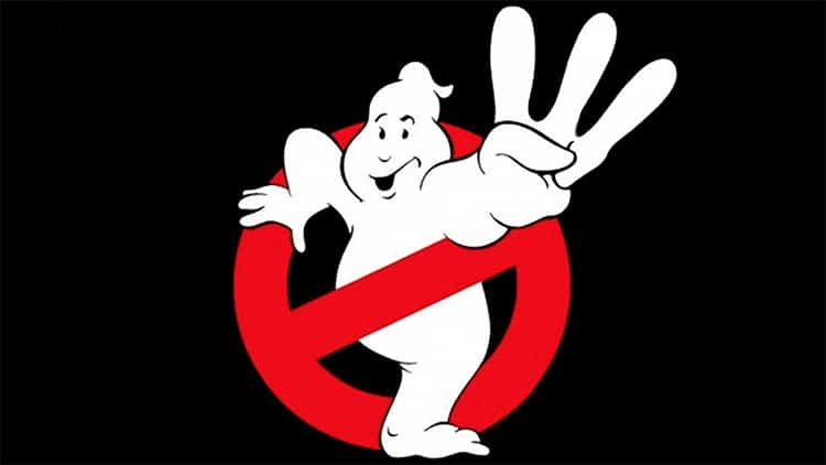 The original logo for Ghostbusters 3, in which the ghost in the NO symbol holds up three fingers.