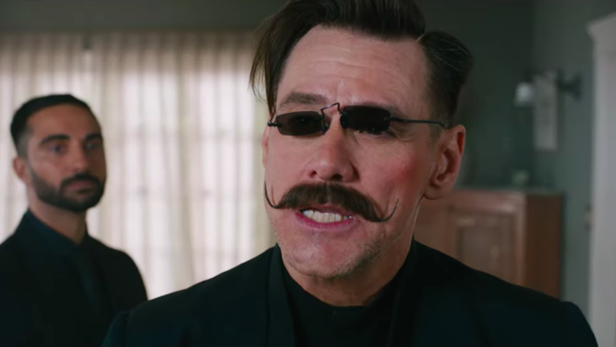 Jim Carrey as Robotnik, with messed up glasses, in Sonic the Hedgehog.