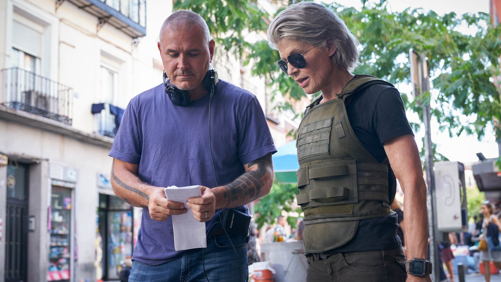 Terminator: Dark Fate director Tim Miller and star Linda Hamilton on set.