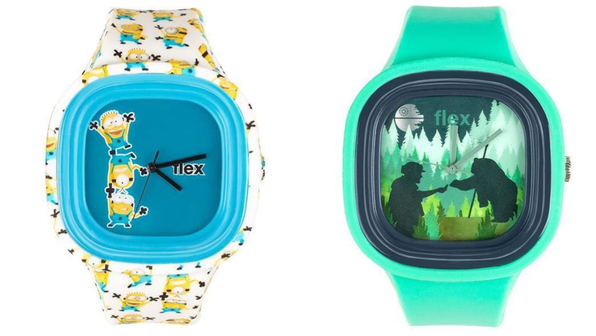 Two rubber watches, one is covered in a print from Dreamworks Minions film the other is inspired by Return of the Jedi and shows Princess Leia in silhouette reaching out to an ewok 