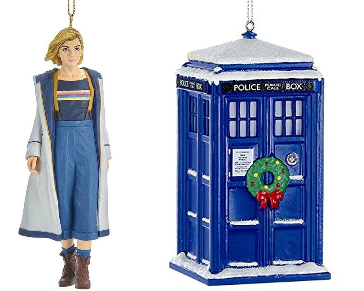 The Thirteenth Doctor and a Tardis with a wreath ornament