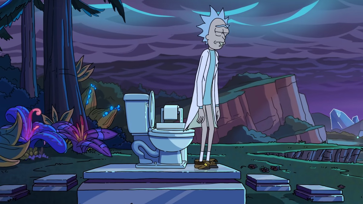 Sad Rick stands in front of his toilet