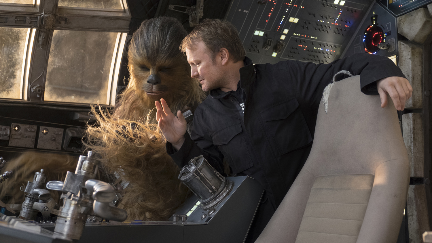 The Last Jedi..L to R: Chewbacca (Joonas Suotamo) and Director Rian Johnson.