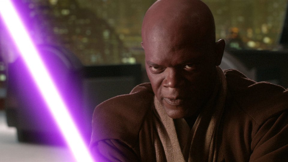 Samuel L. Jackson's Mace Windu faces off against Palpatine in Revenge of the Sith