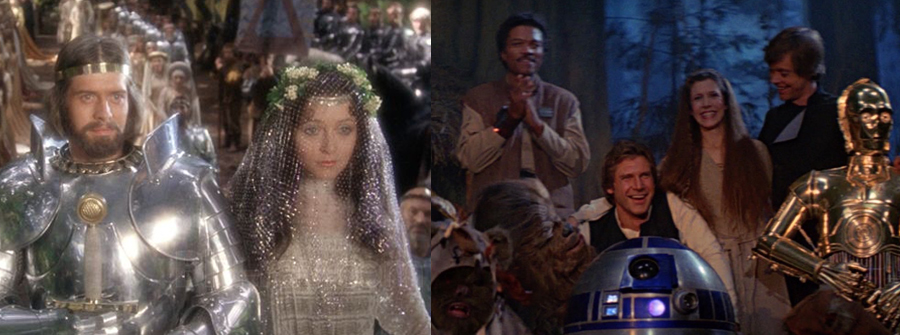 The wedding of King Arthur and Queen Guinevere in Excallibur, and the final celebration on Endor in Return of the Jedi.