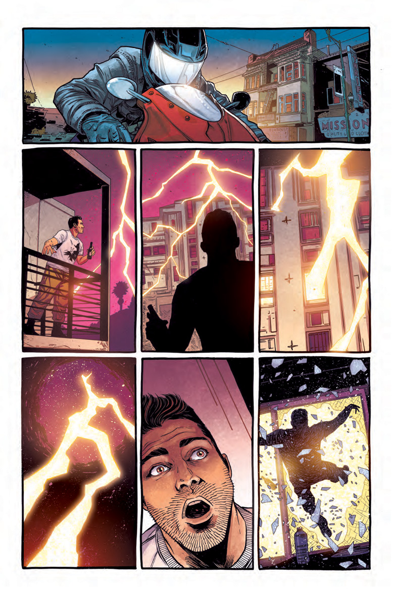 a comic book page shows a man on a bike and another man being hit by lightening