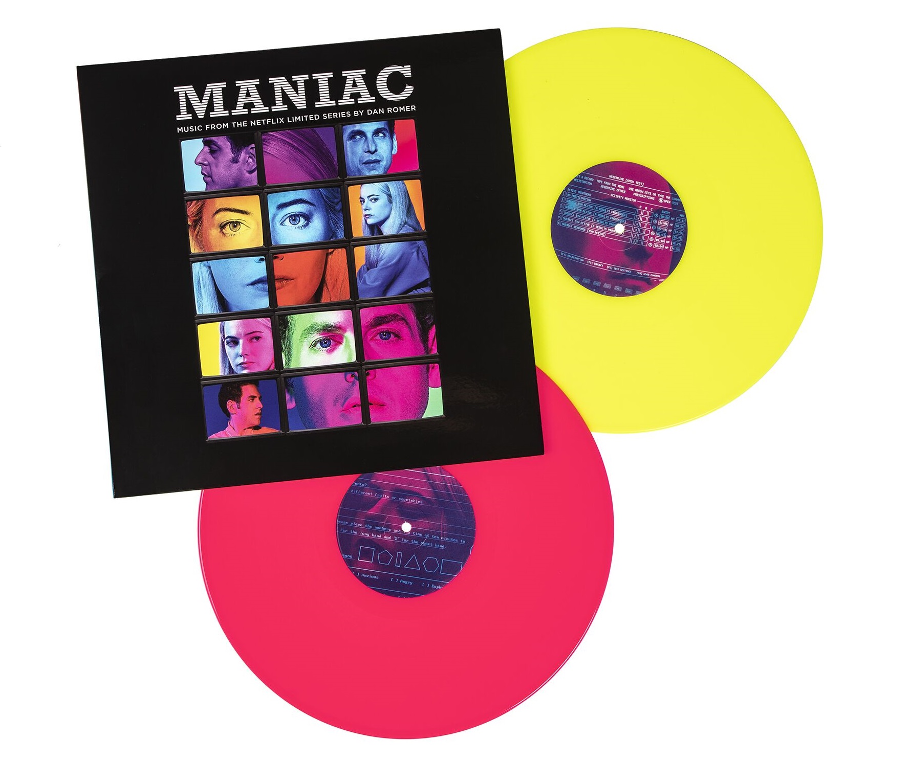 The collector's edition vinyl pressing for the Maniac soundtrack comes in bright red and yellow discs, in classic style packaging.