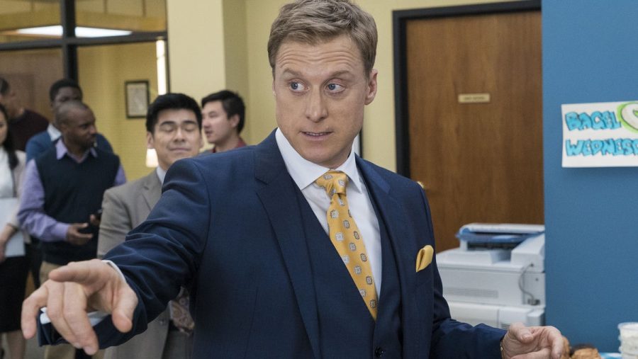 Alan Tudyk on Powerless wearing a suit