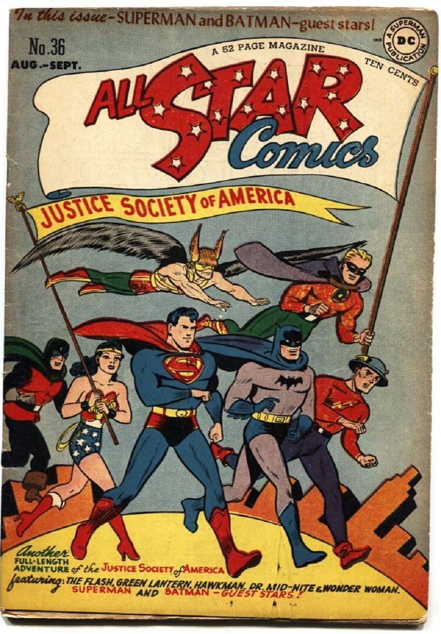 All Star Comics No. 36 cover featuring Superman, Wonder Woman, and Batman.