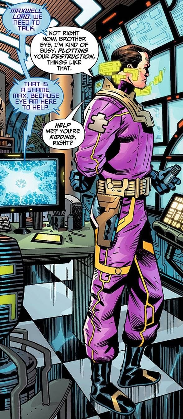 Maxwell Lord argues with his supercomputer Brother Eye.