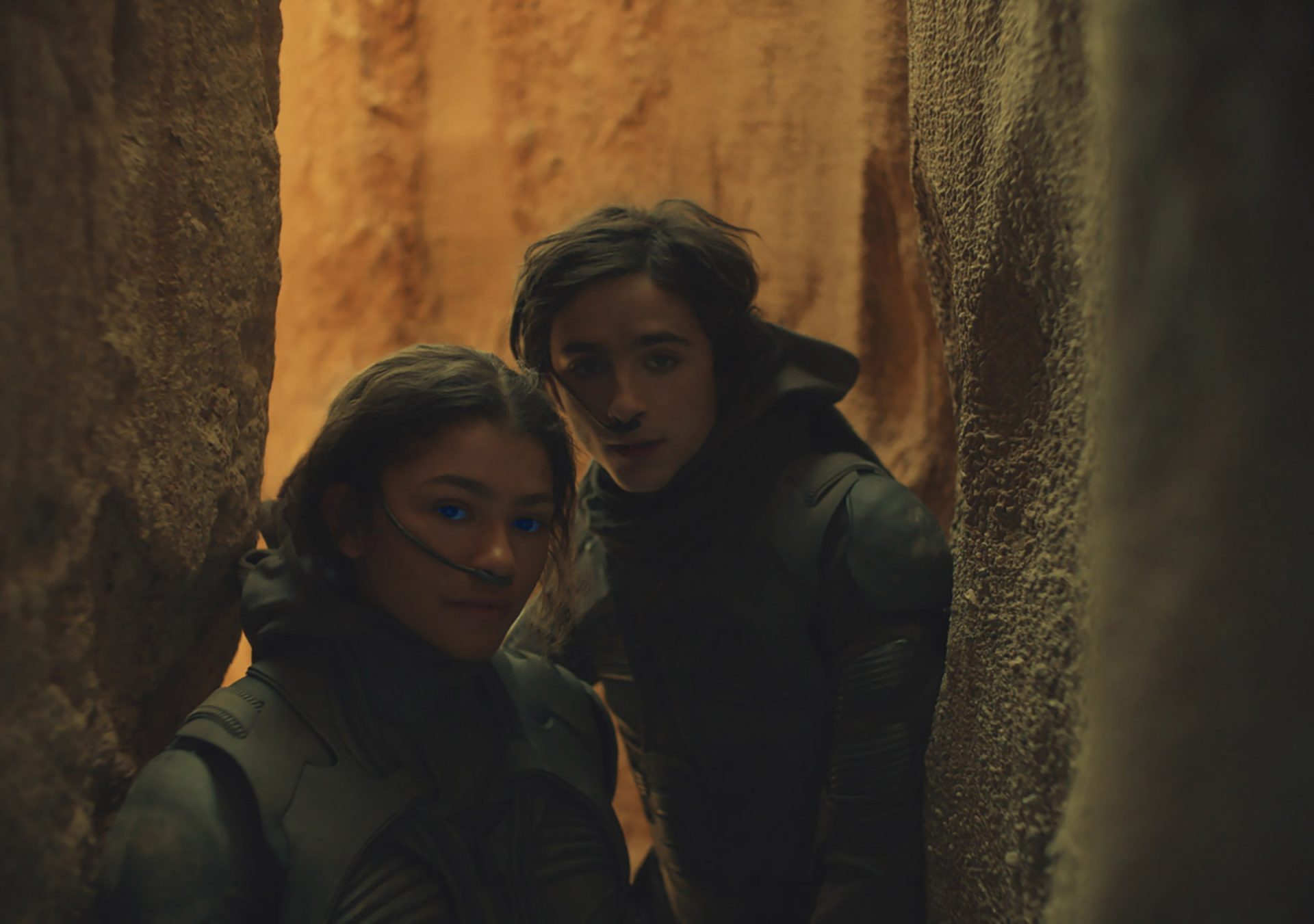 Chani and Paul Atreides in Fremen stillsuits