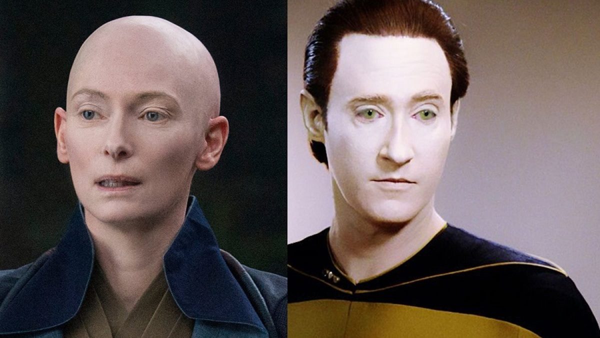 (Left) Tilda Swinton in Doctor Strange (Right) Brent Spiner as Data in  Star Trek: TNG