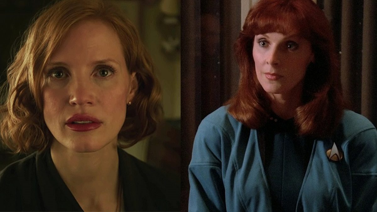 (Left) Jessica Chastain in It (Right) Gates McFadden as Dr. Beverly Crusher in Star Trek: TNG
