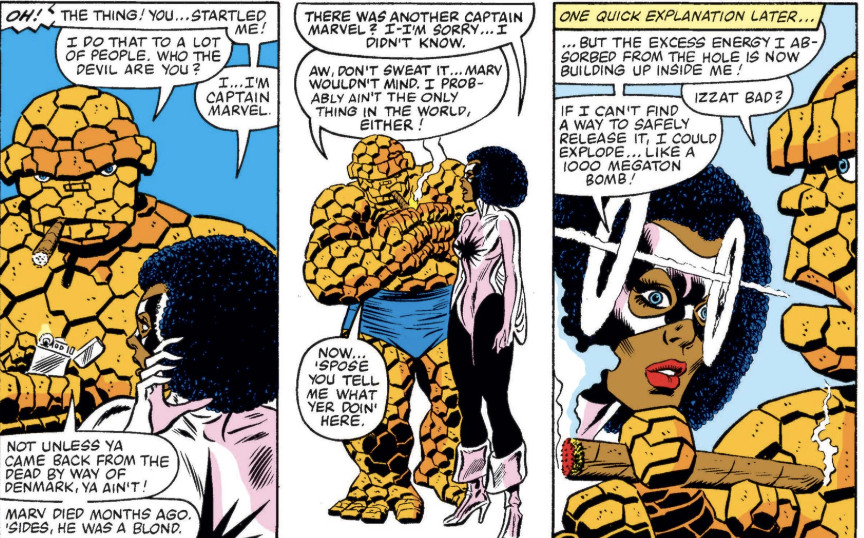 Thing explains the legacy of the name Captain Marvel to Monica Rambeau. 