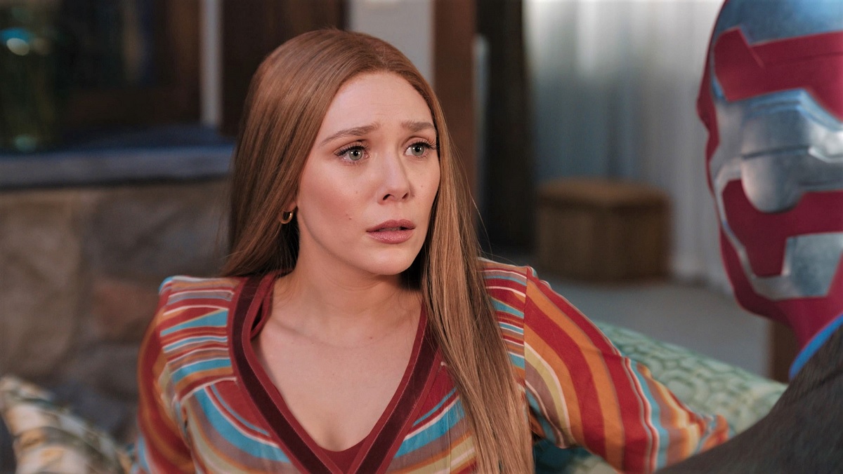 Elizabeth Olsen's Wanda looking very concerned in WandaVision.