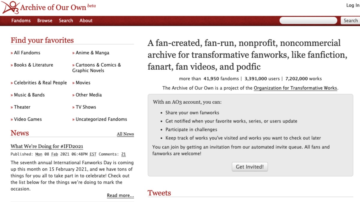Homepage for fanfiction site Archive of Our Own.