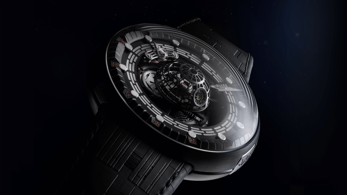 A black Kross Studios Star Wars watch based on the Death Star