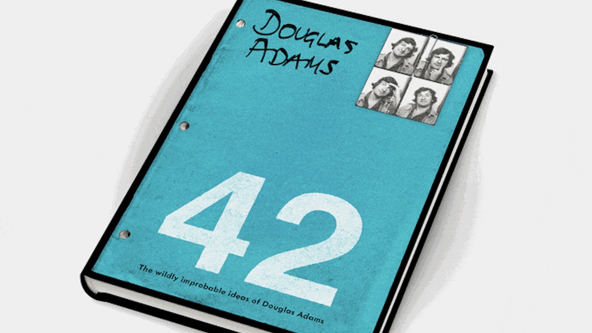 Blue book cover for 42, a collection of private writings from Douglas Adams