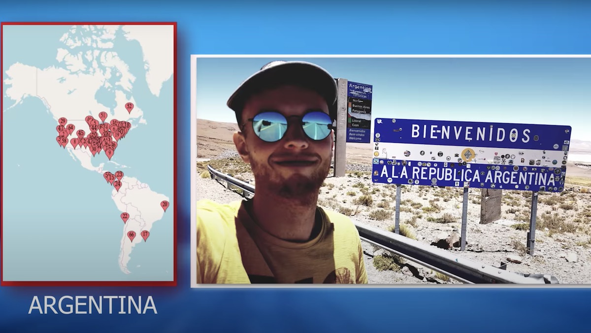 A map of North America with red markers for travel, next to a man called Everywhere Max in a hat and sunglasses standing in front of a sign for Argentina