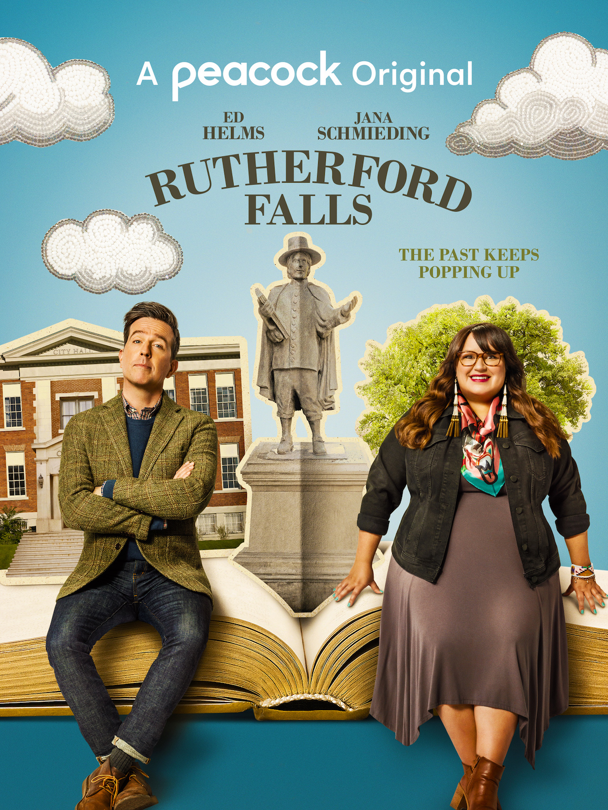 Ed Helms and Jana Schmieding sit opposite a statue on the poster for Peacock's Rutherford Falls.