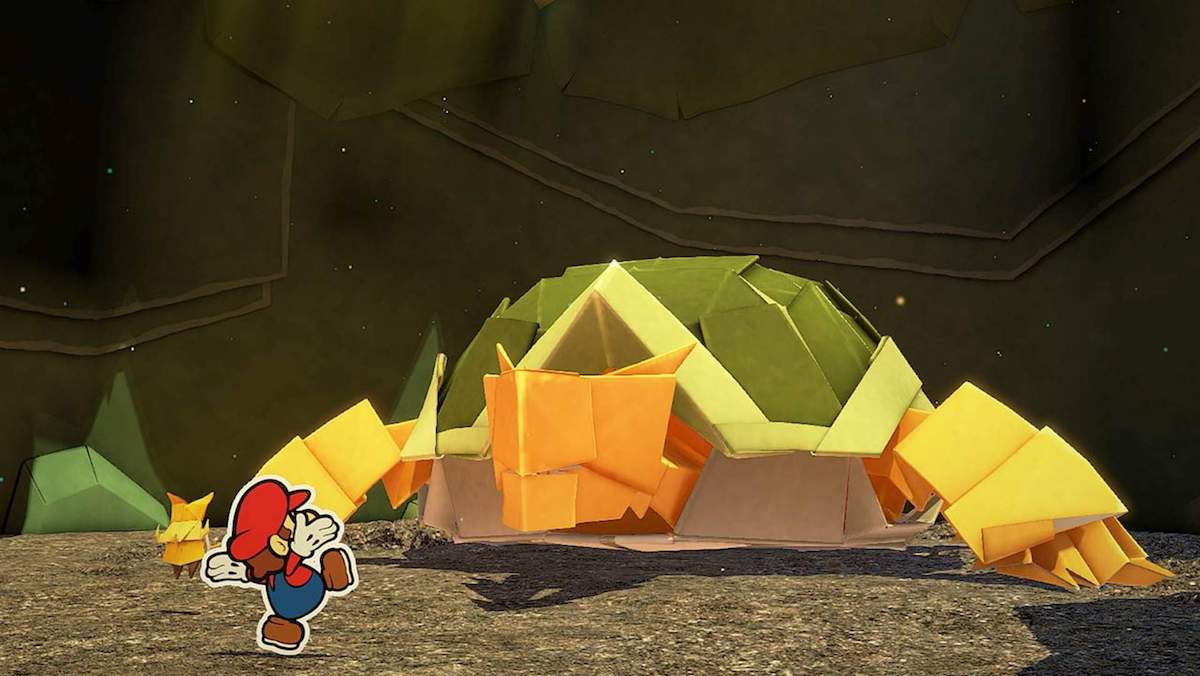 Paper Mario marvels at an Origami-style Bowser.