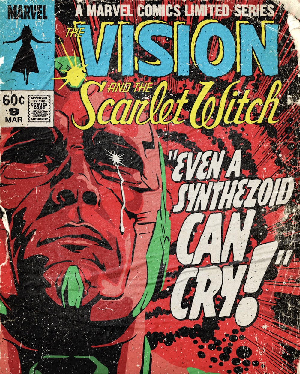 A comic book cover-inspired poster of Vision crying from the last episode of WandaVision