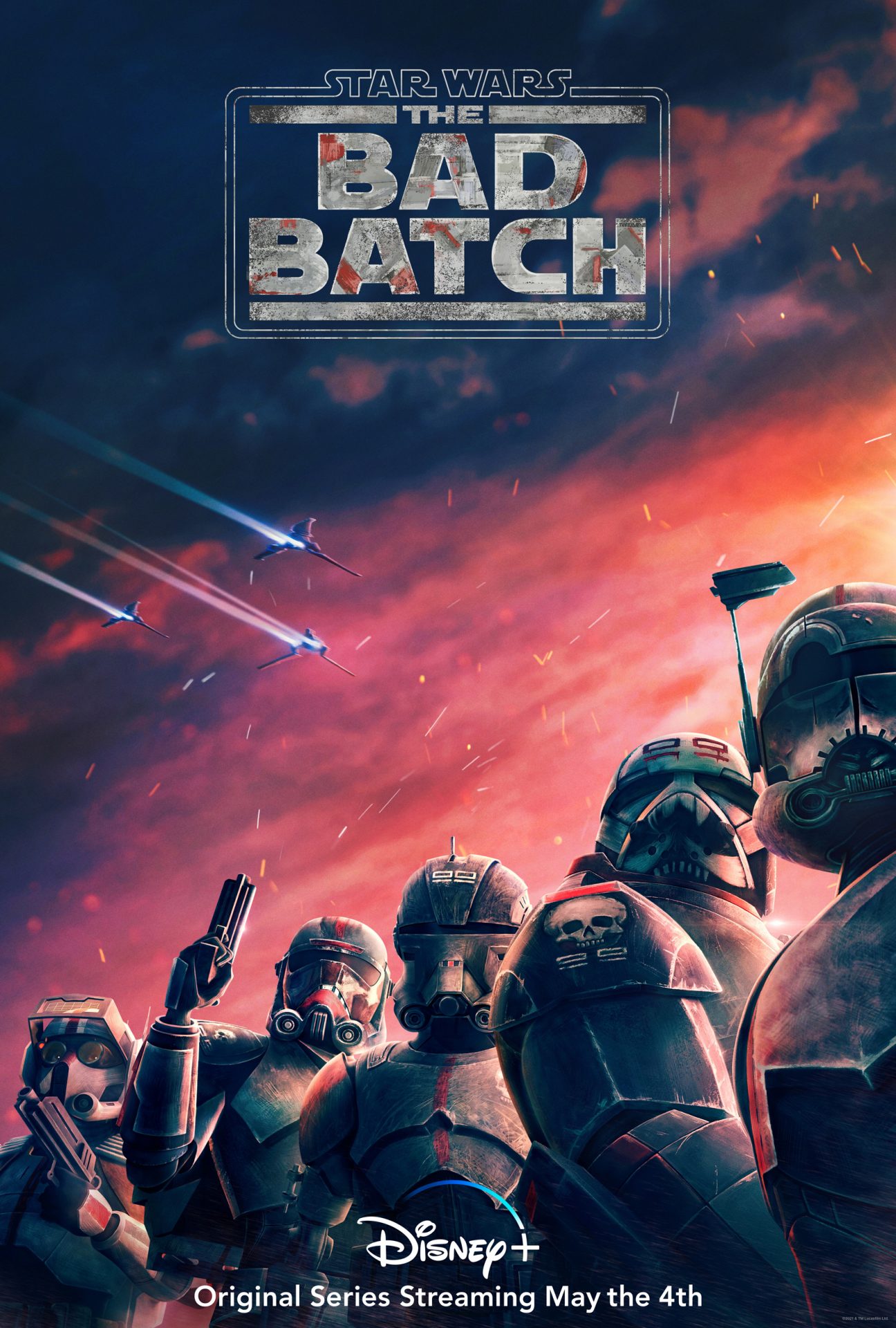 A poster for the Bad Batch shows five helmeted troopers in front of a beautiful sky