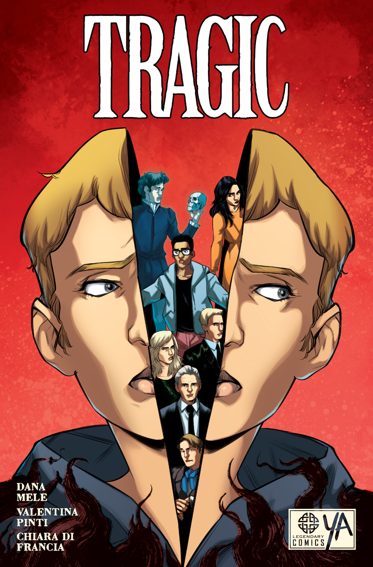 The full front cover of the graphic novel Tragic, which shows a character's head split apart with smaller characters inside