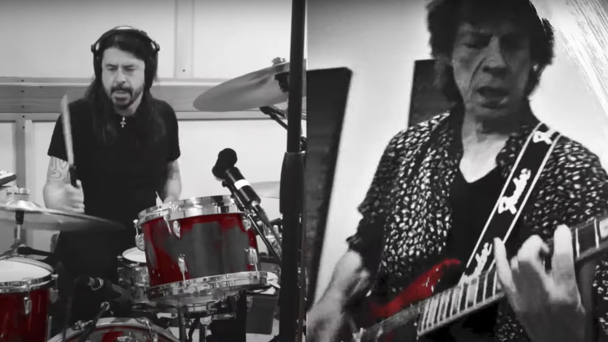 A black and white and red split screen of Dave Grohl on drums and Mick Jagger playing guitar