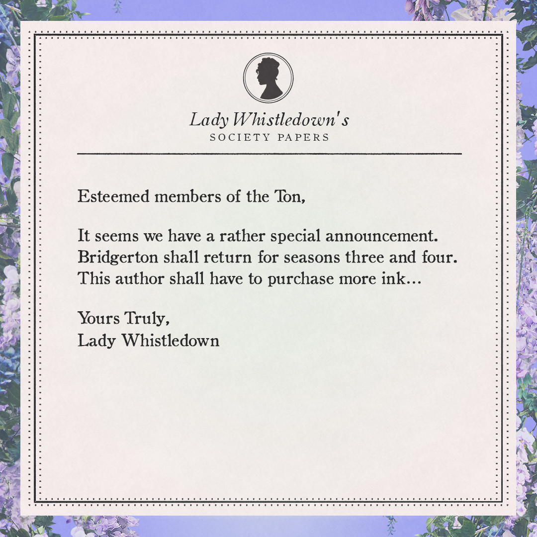 Lady Whistledown's announcement about more seasons of Bridgerton