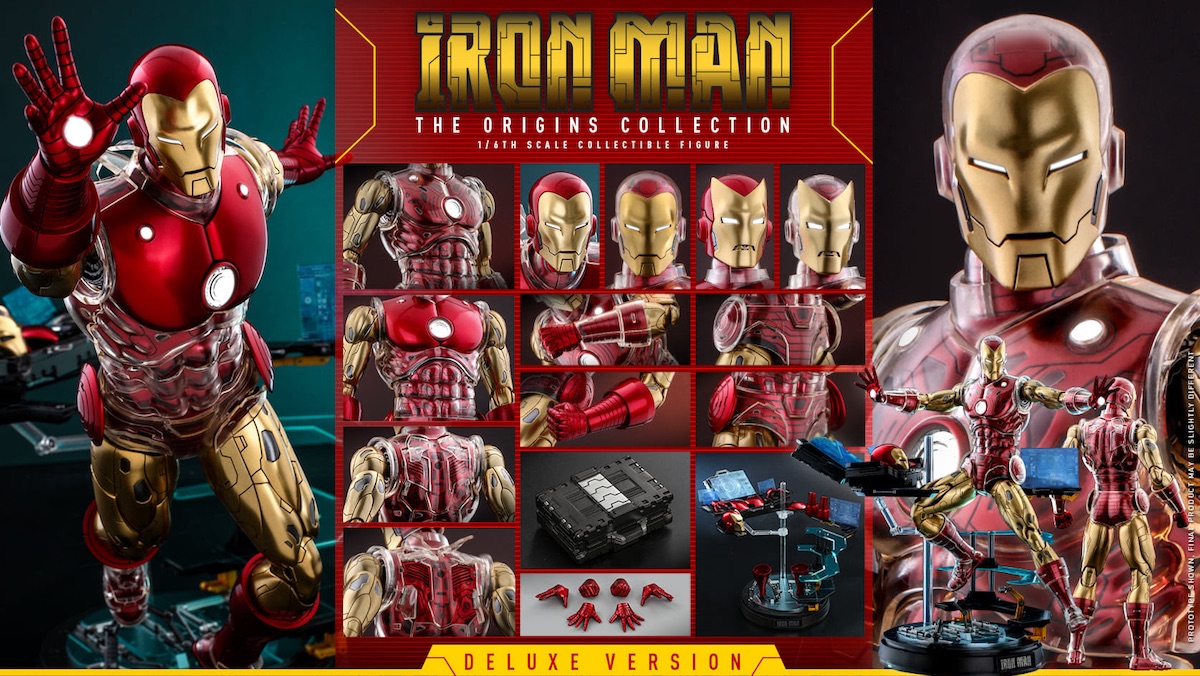 A collage of details and features for Hot Toy's Marvel Comics Iron Man figure