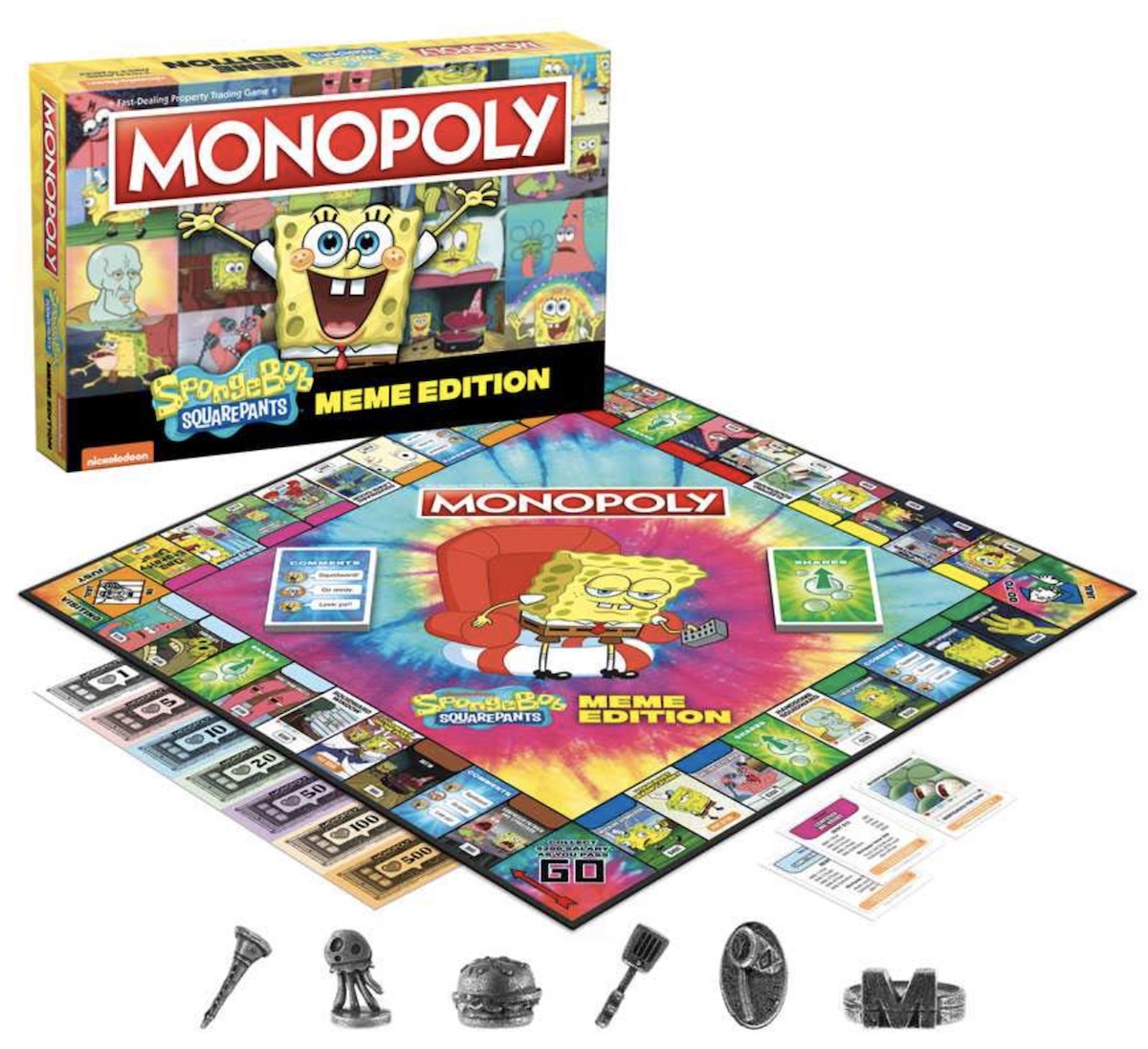 The complete set of SpongeBob Meme Monopoly, with the box behind the set up board and pieces