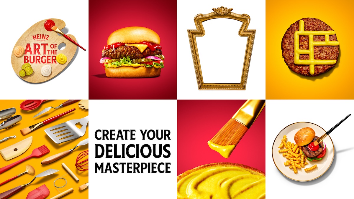 A tiled collage of burgers, paint items, a picture frame, and other food items