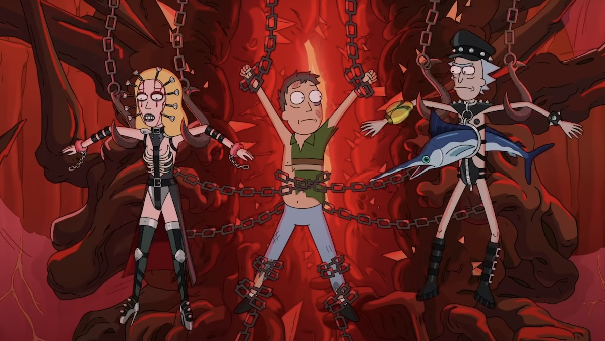 Beth, Jerry, and Rick tied up with chains and being tortured against a red Hell-like wall