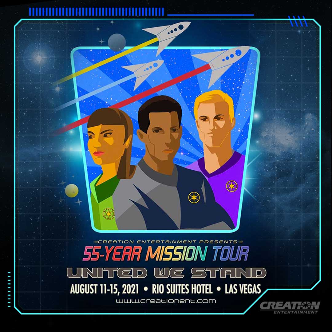 Key art for Creation Entertainment's Star Trek convention depicting three illustrated people in Starfleet uniforms