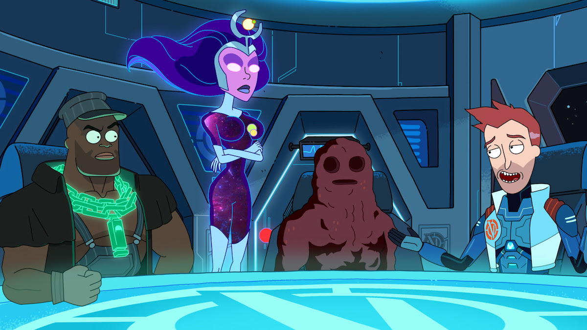 The Vindicators, four animated characters sit at a glowing blue table