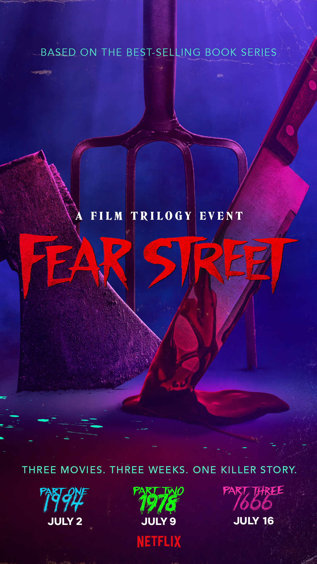 The Fear Street trilogy poster, showcasing a pitchfork, a bloody knife, and an axe.