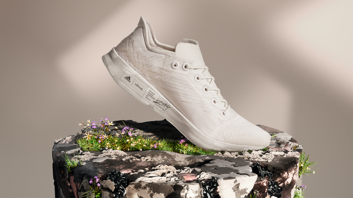 A Futurecraft.Footprint sneaker posed on a tree stump.