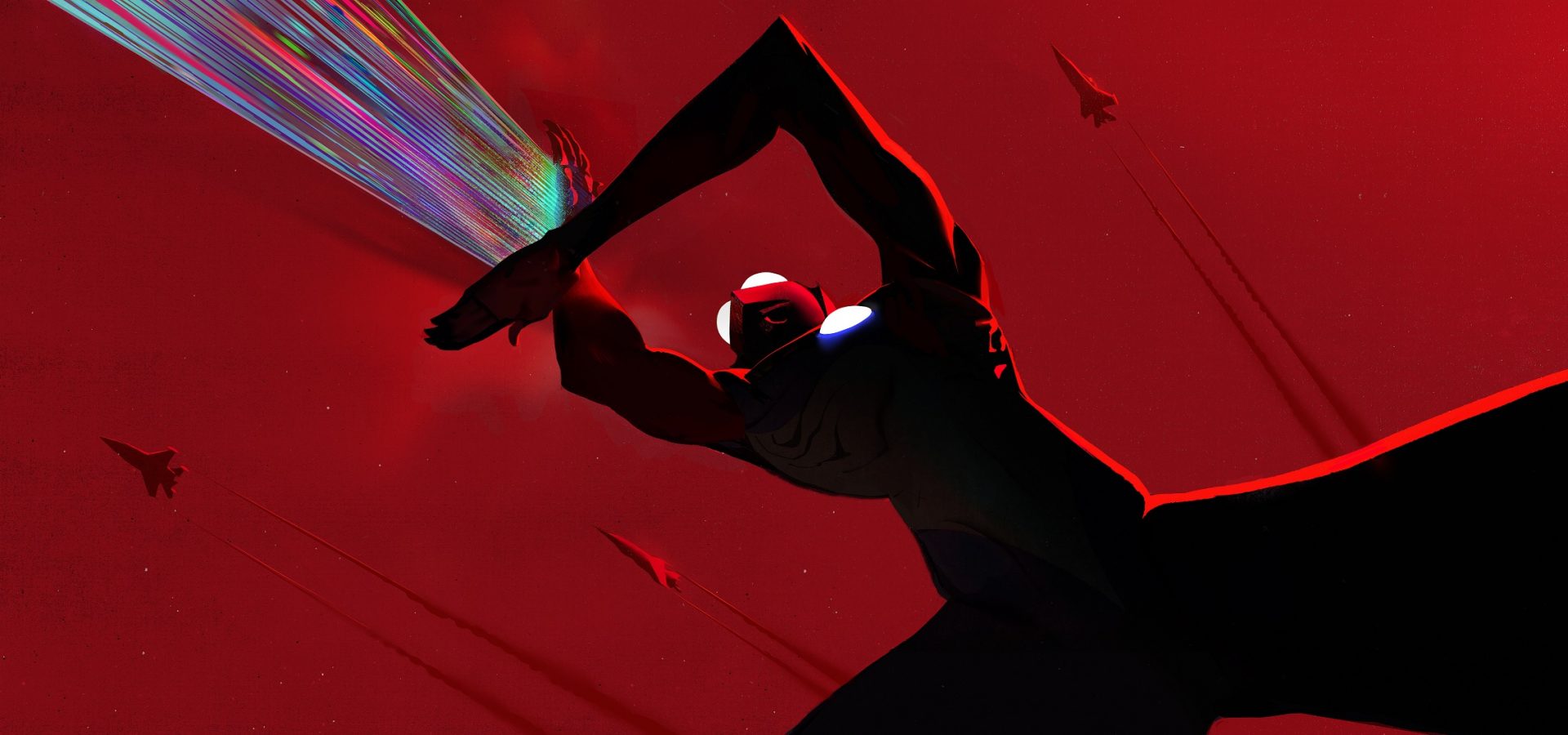 A CG-animated image of Ultraman from below, emitting his trademark spacium beam.