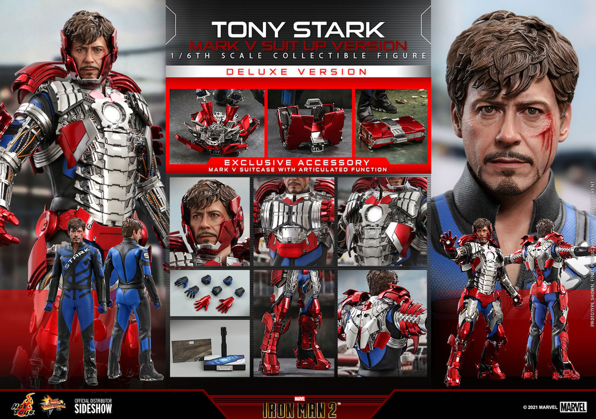 A splash page showing the different accessories, details, and figure for Hot Toys Iron Man 2 Tony Stark Mark V figure