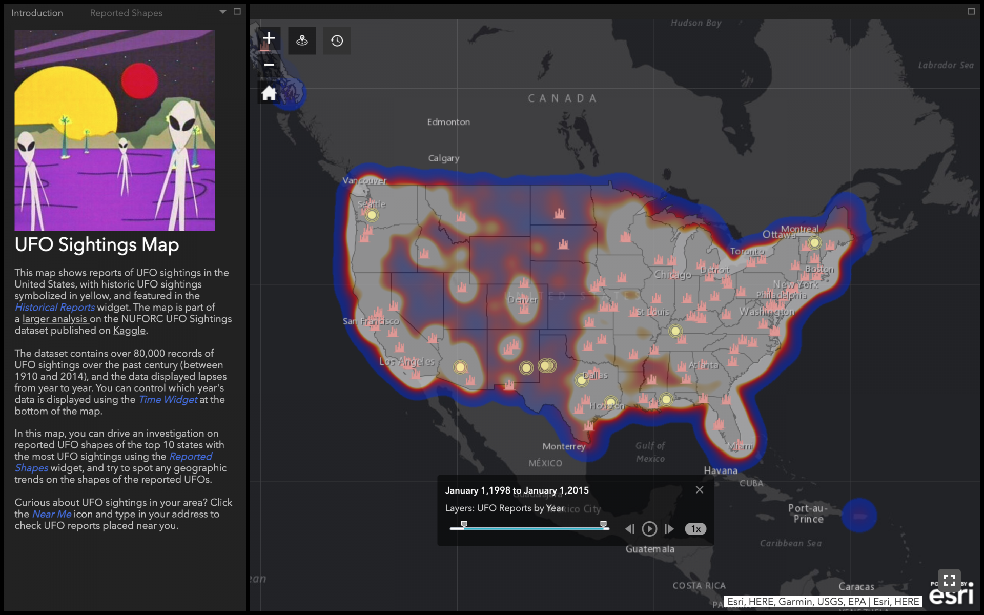 A glowing map of the United States featuring symbols representing UFO sightings.