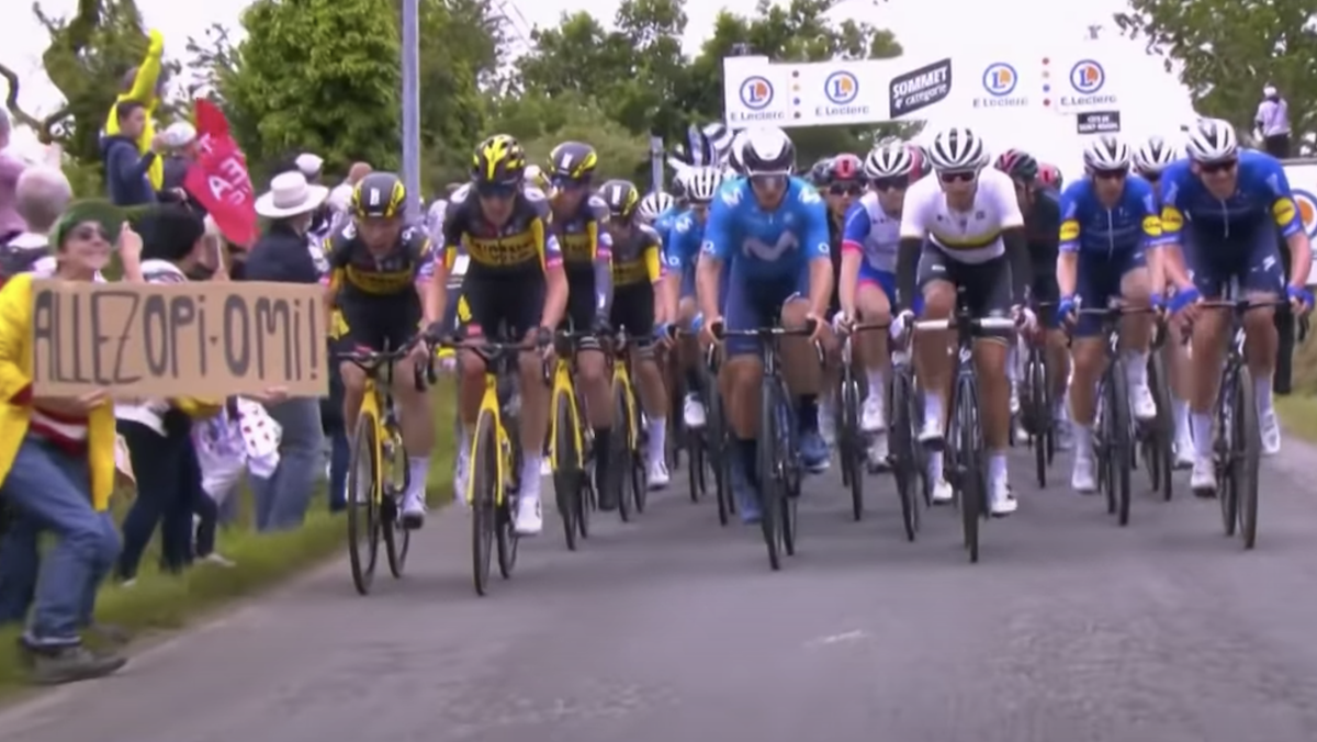 Person with a sign stands in front of row of cyclists