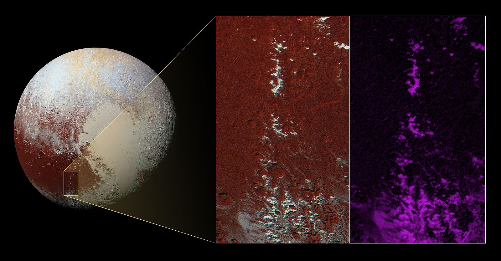 A magnification of Pluto's Cthulhu Macula region, which may consist of rust-colored tholins.