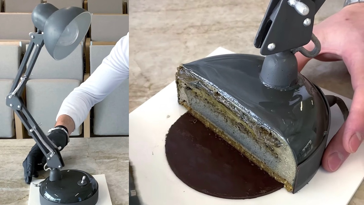 A replica of a Luxo lamp made from cake and chocolate, next to an image of the bottom cake part sliced.