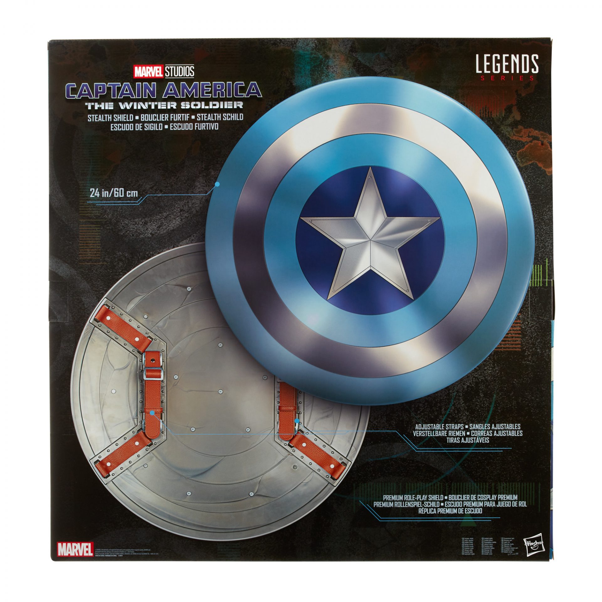 A blue and silver Captain America shield, with a view of the silver back which also has straps