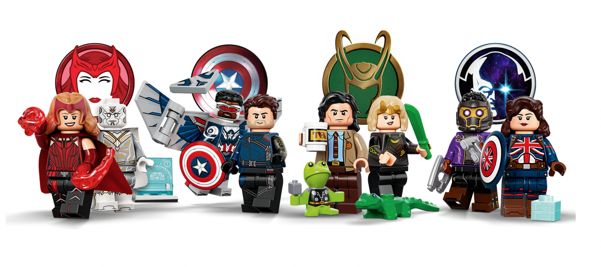 A dozen Marvel Studio LEGO minifigures standing next to each other in action poses.