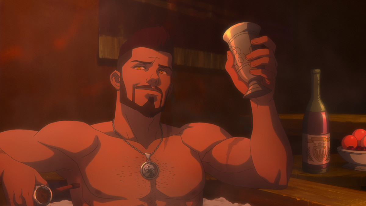 Vesemir, an animated character, in a tub for The Witcher: Nightmare of the Wolf anime