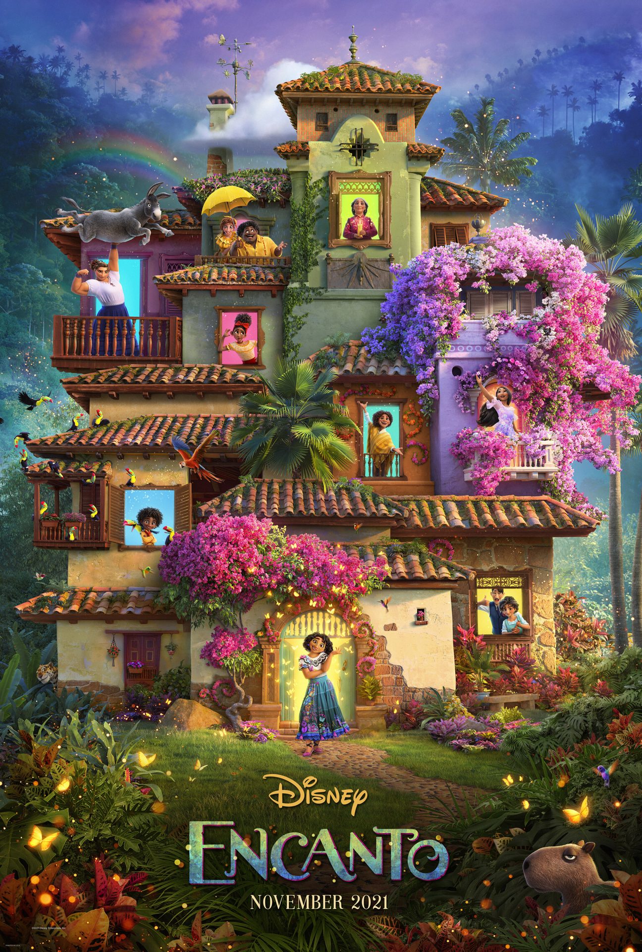 The members of the Madrigal family stand around the magical household on the Encanto poster.