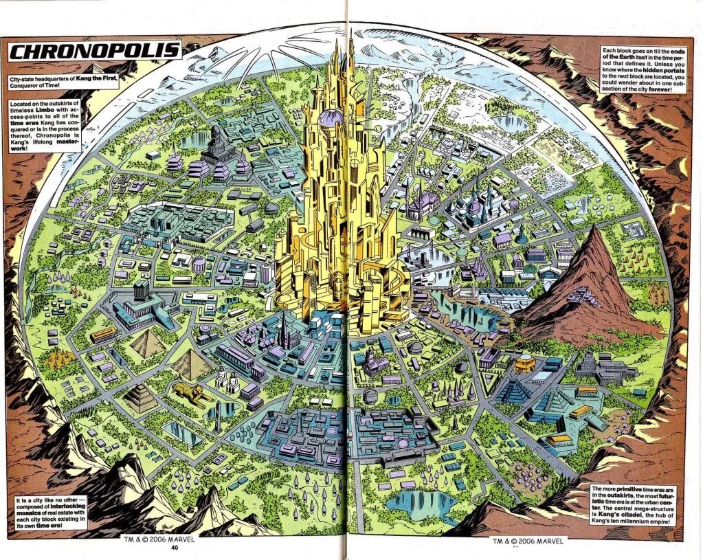 Marvel Comics full-page spread of Chronopolis, Kang's microscopic city in the Quantum Realm.