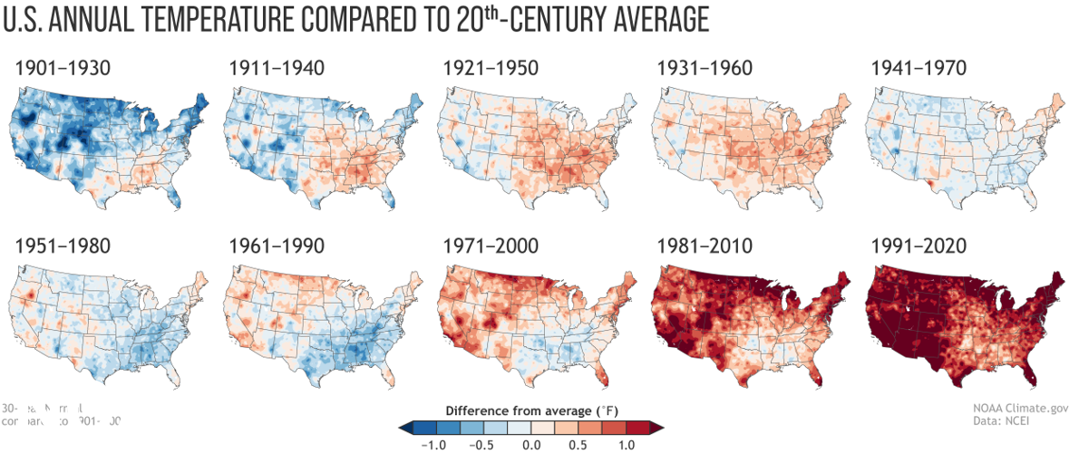 A chart showing maps of the U.S. and its overall temperature over time.